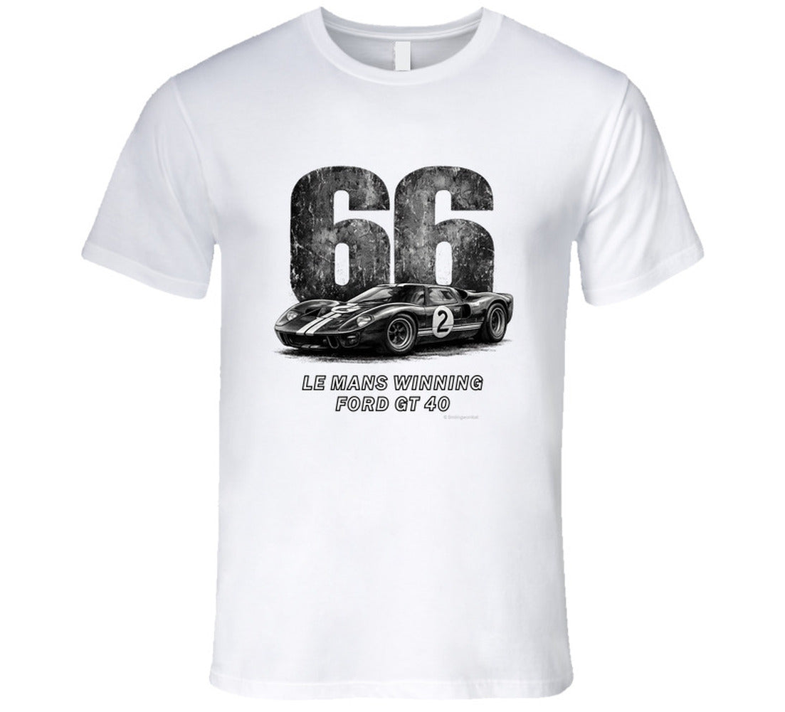 "1966 Ford GT40 Mark 2 Le Mans vintage racing t-shirt in white with distressed black graphics"