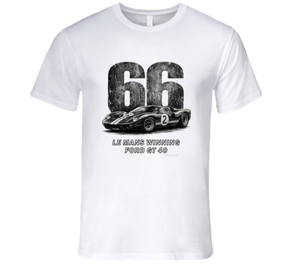 "1966 Ford GT40 Mark 2 Le Mans vintage racing t-shirt in white with distressed black graphics"