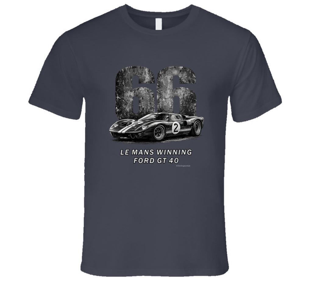  "1966 Ford GT40 Mark 2 Le Mans vintage racing t-shirt in charcoal grey with distressed graphics"