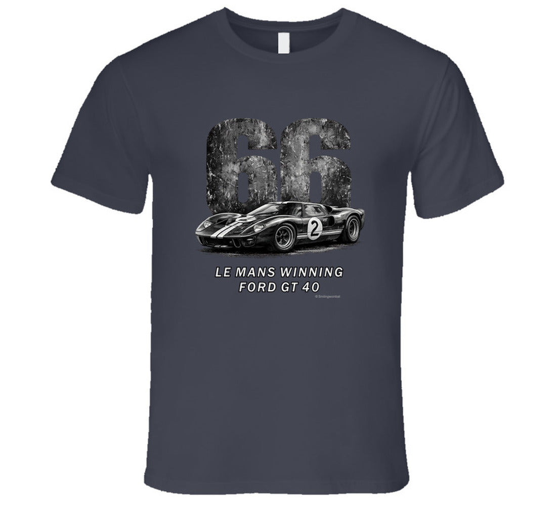  "1966 Ford GT40 Mark 2 Le Mans vintage racing t-shirt in charcoal grey with distressed graphics"