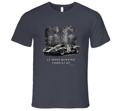  "1966 Ford GT40 Mark 2 Le Mans vintage racing t-shirt in charcoal grey with distressed graphics"