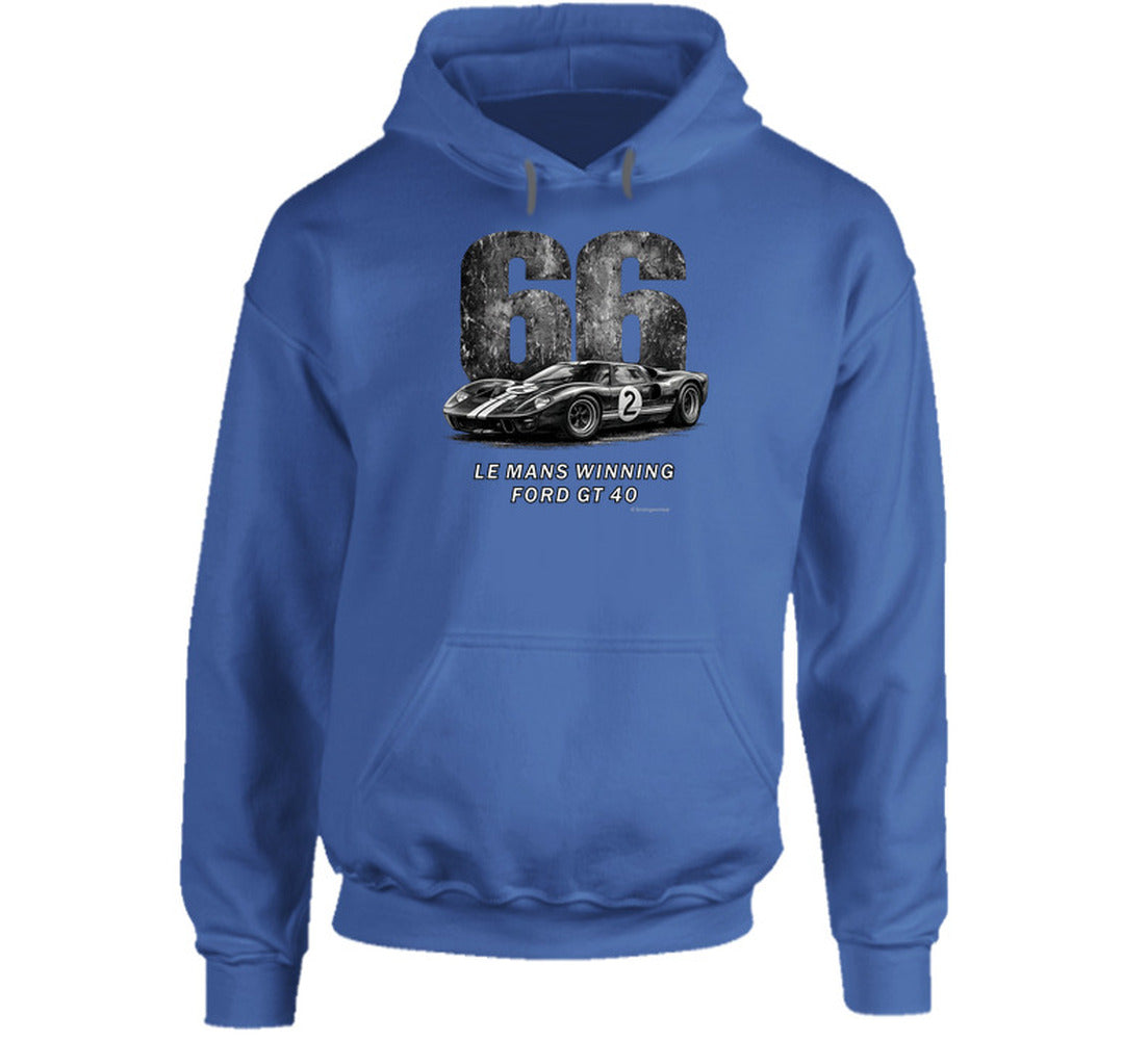 "1966 Ford GT40 Mark 2 Le Mans vintage racing hoodie in royal blue with distressed graphics"
