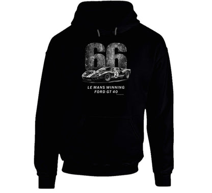 "1966 Ford GT40 Mark 2 Le Mans vintage racing hoodie in black with distressed graphics"