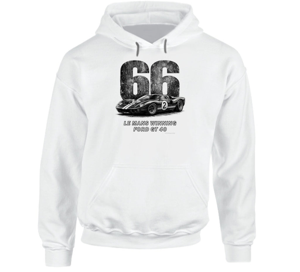 "1966 Ford GT40 Mark 2 Le Mans vintage racing hoodie in white with distressed black graphics"