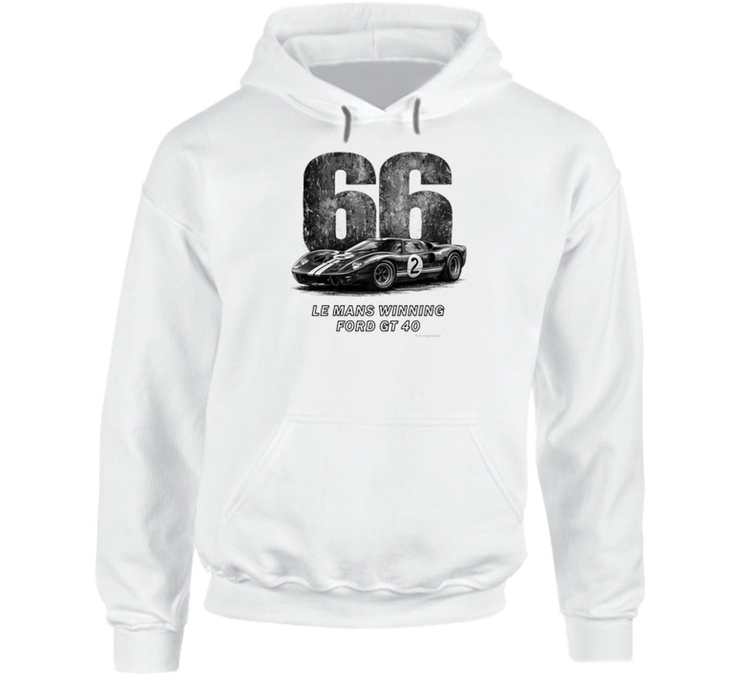 "1966 Ford GT40 Mark 2 Le Mans vintage racing hoodie in white with distressed black graphics"