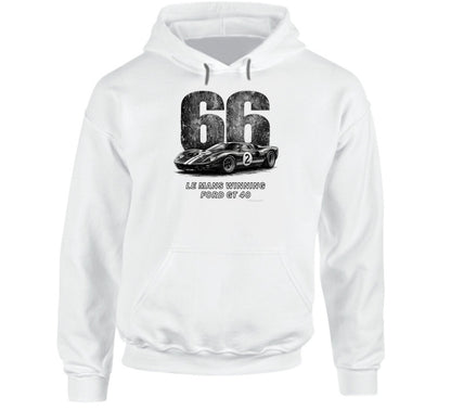 "1966 Ford GT40 Mark 2 Le Mans vintage racing hoodie in white with distressed black graphics"