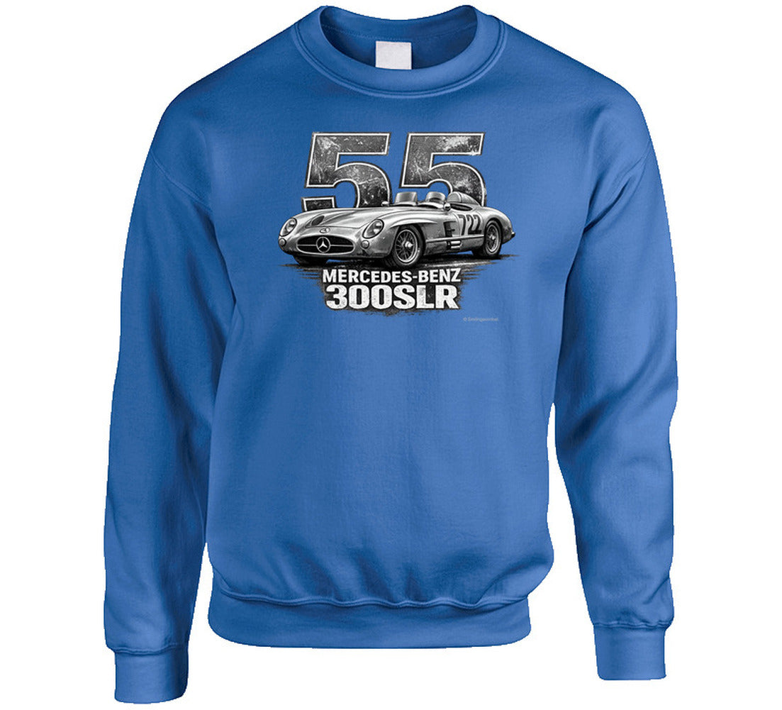 "1955 Mercedes-Benz 300 SLR Mille Miglia vintage racing sweatshirt in royal blue with distressed graphic"