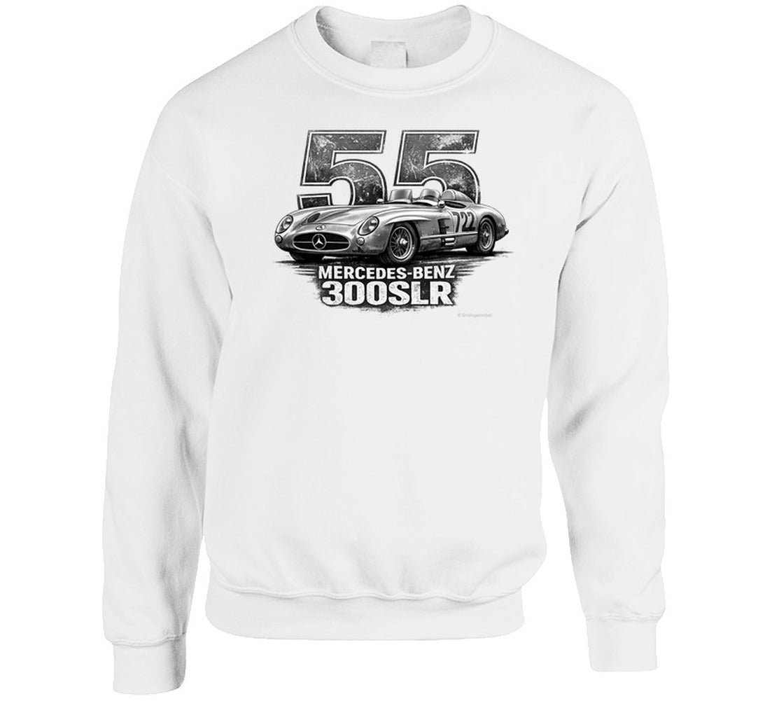 "1955 Mercedes-Benz 300 SLR Mille Miglia vintage racing sweatshirt in white with distressed graphic"