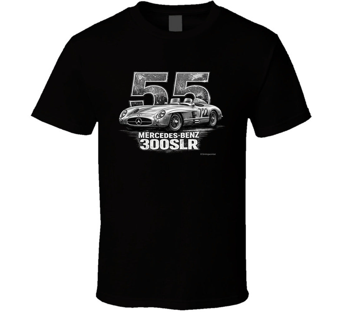 "1955 Mercedes-Benz 300 SLR Mille Miglia vintage racing t-shirt in black with distressed graphic"