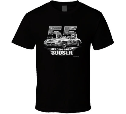 "1955 Mercedes-Benz 300 SLR Mille Miglia vintage racing t-shirt in black with distressed graphic"