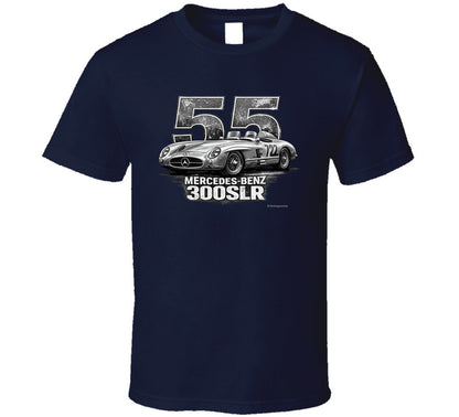 "1955 Mercedes-Benz 300 SLR Mille Miglia vintage racing t-shirt in navy with distressed graphic"
