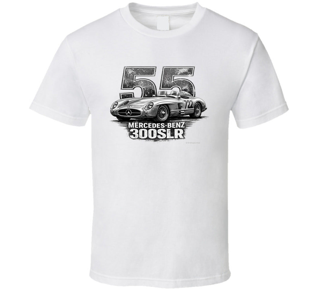 "1955 Mercedes-Benz 300 SLR Mille Miglia vintage racing t-shirt in white with distressed graphic"