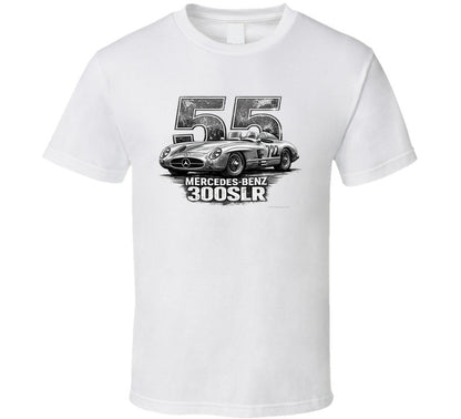 "1955 Mercedes-Benz 300 SLR Mille Miglia vintage racing t-shirt in white with distressed graphic"