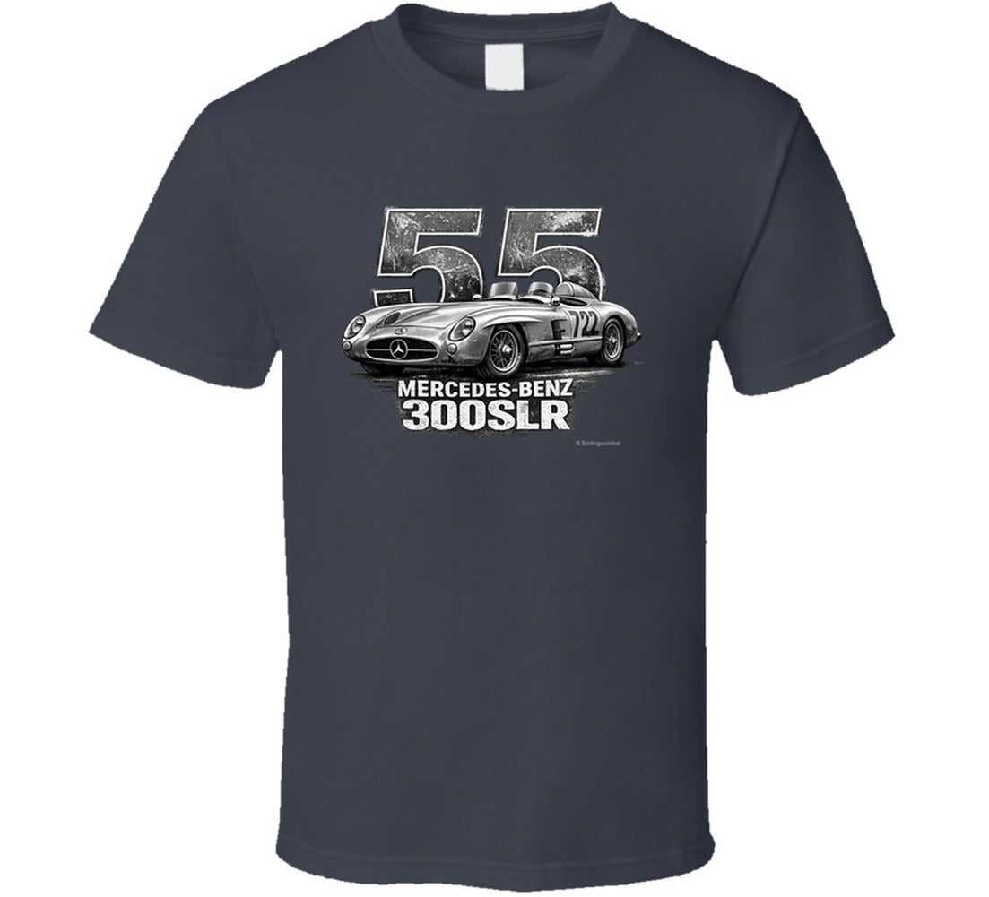 "1955 Mercedes-Benz 300 SLR Mille Miglia vintage racing t-shirt in charcoal grey with distressed graphic"