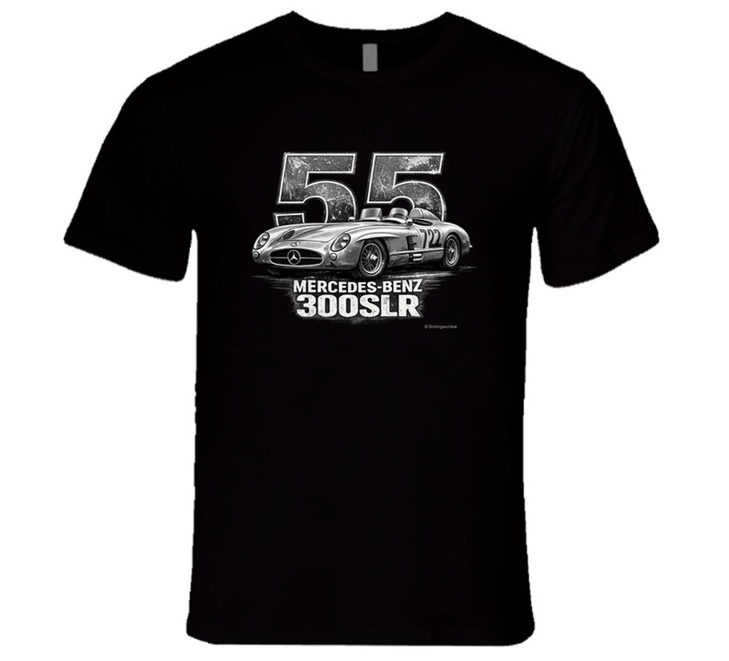 "1955 Mercedes-Benz 300 SLR Mille Miglia vintage racing t-shirt in black with distressed graphic"