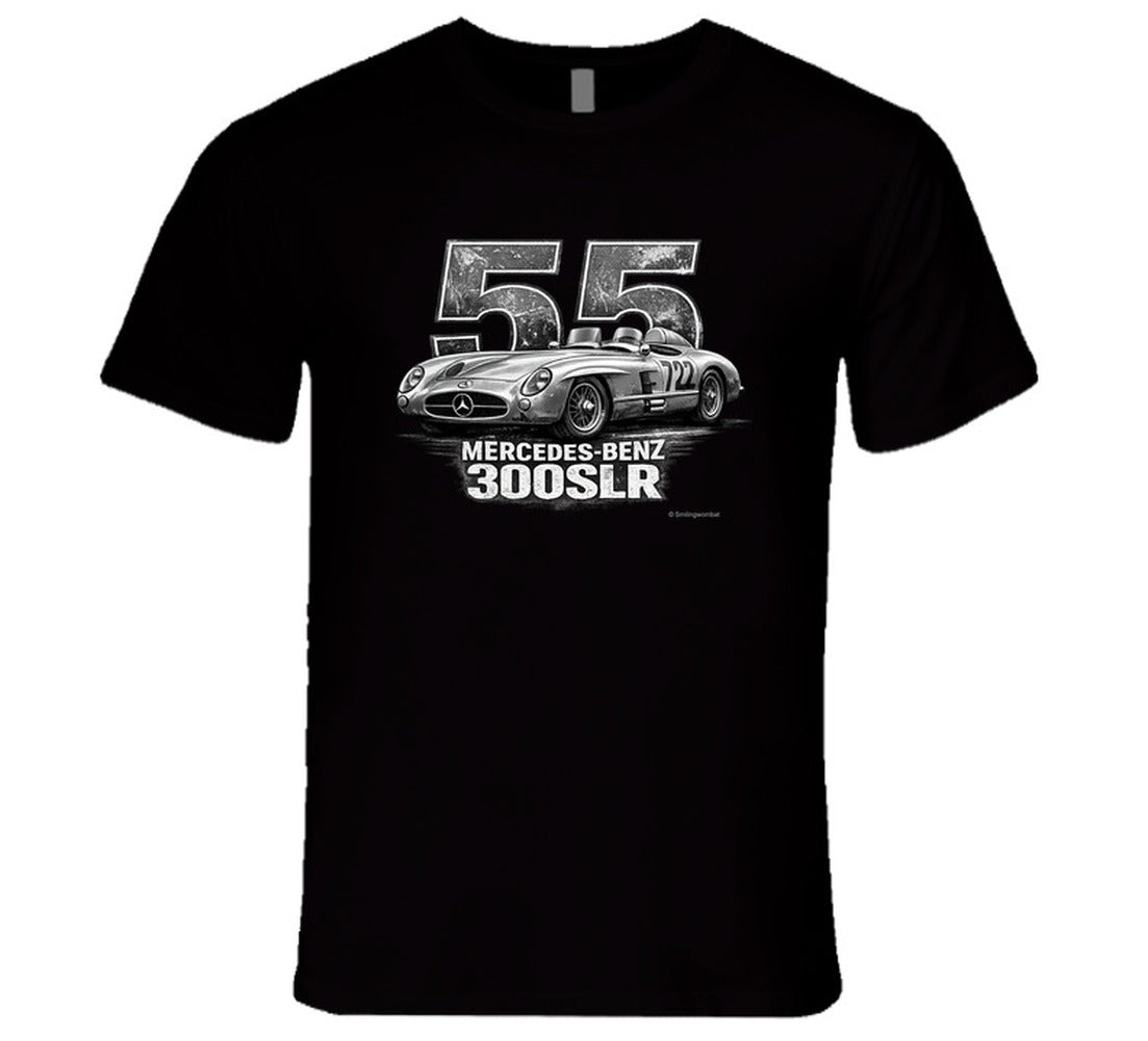 "1955 Mercedes-Benz 300 SLR Mille Miglia vintage racing t-shirt in black with distressed graphic"