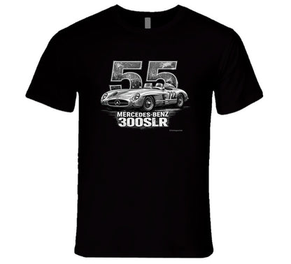 "1955 Mercedes-Benz 300 SLR Mille Miglia vintage racing t-shirt in black with distressed graphic"