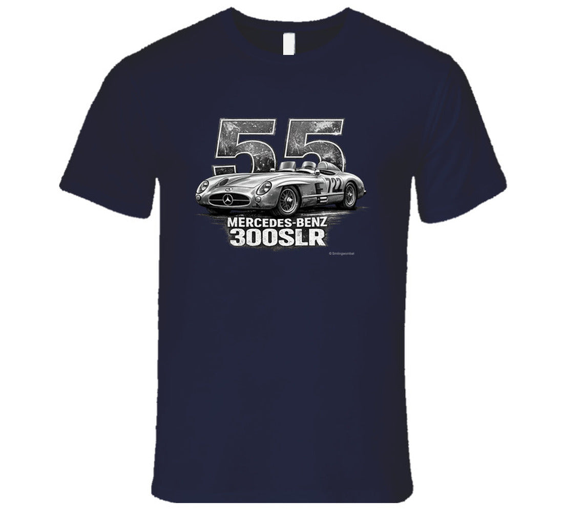 "1955 Mercedes-Benz 300 SLR Mille Miglia vintage racing t-shirt in navy with distressed graphic"