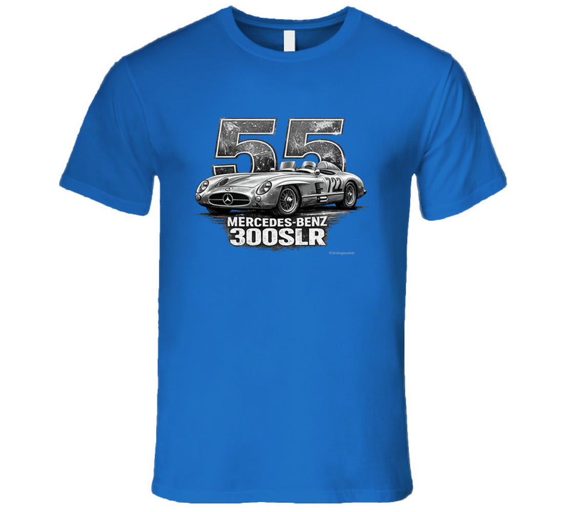 "1955 Mercedes-Benz 300 SLR Mille Miglia vintage racing t-shirt in royal blue with distressed graphic"