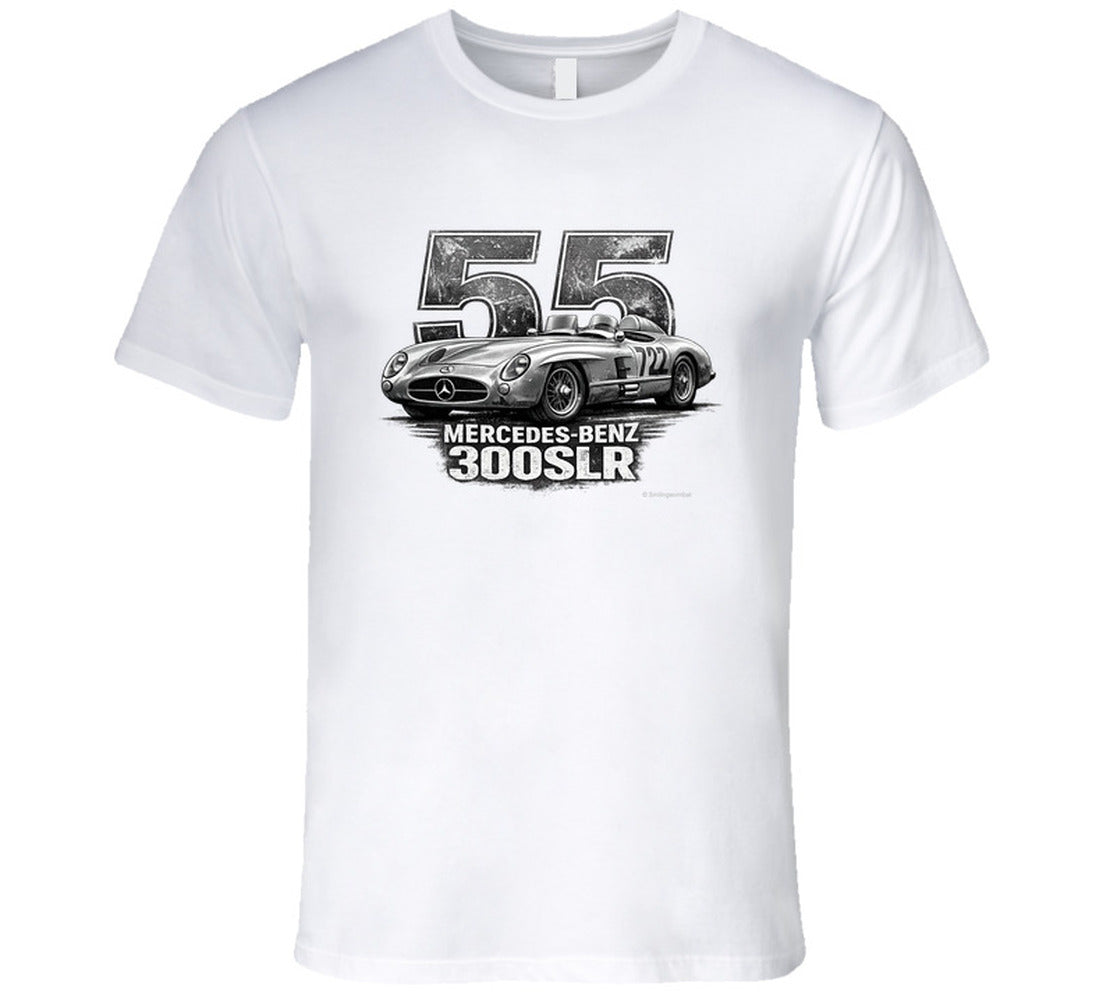 "1955 Mercedes-Benz 300 SLR Mille Miglia vintage racing t-shirt in white with distressed graphic"
