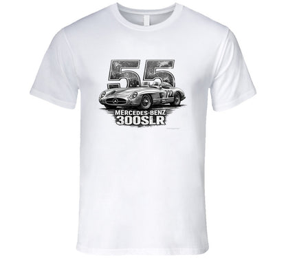 "1955 Mercedes-Benz 300 SLR Mille Miglia vintage racing t-shirt in white with distressed graphic"