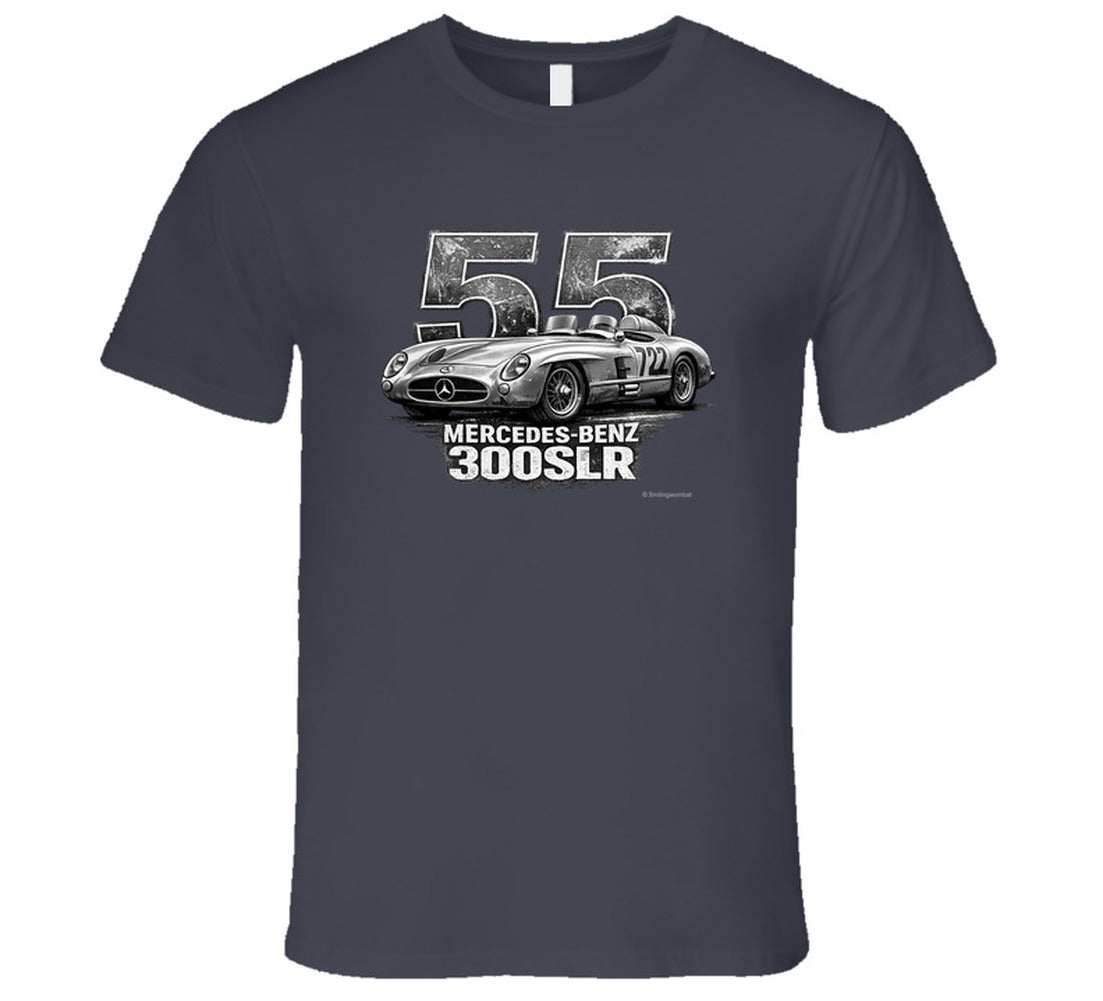 "1955 Mercedes-Benz 300 SLR Mille Miglia vintage racing t-shirt in charcoal grey with distressed graphic"