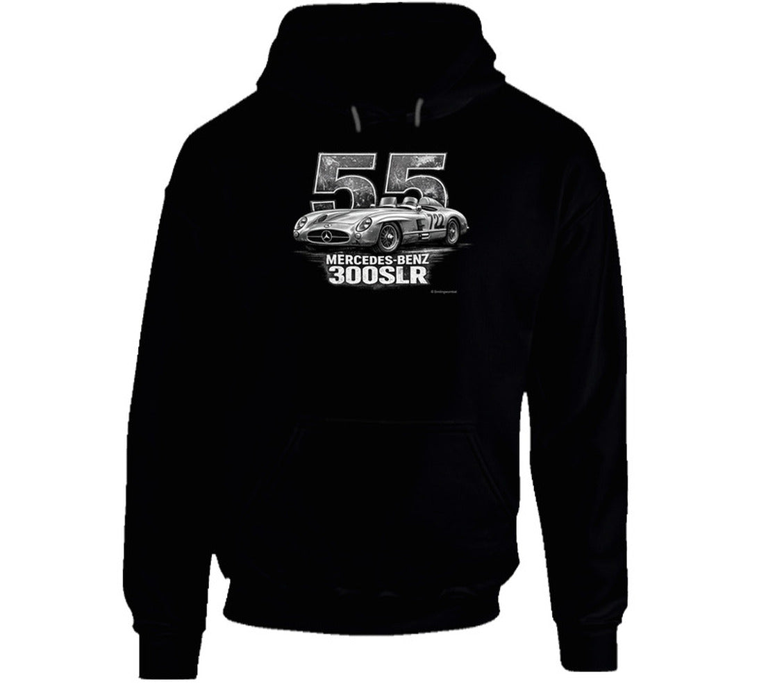 "1955 Mercedes-Benz 300 SLR Mille Miglia vintage racing hoodie in black with distressed graphic"