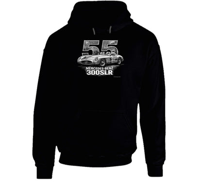 "1955 Mercedes-Benz 300 SLR Mille Miglia vintage racing hoodie in black with distressed graphic"