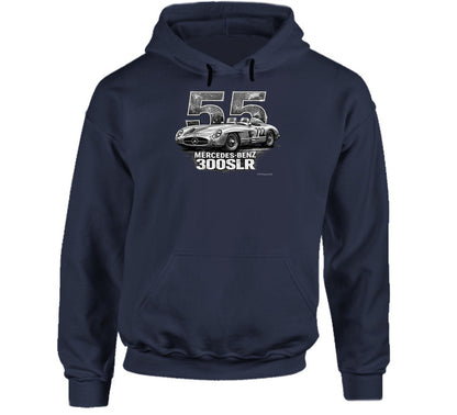 "1955 Mercedes-Benz 300 SLR Mille Miglia vintage racing hoodie in navy with distressed graphic"