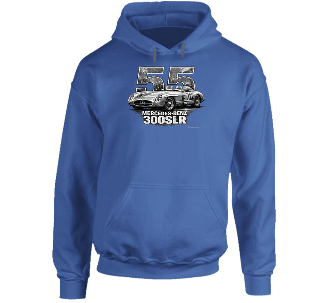 "1955 Mercedes-Benz 300 SLR Mille Miglia vintage racing hoodie in royal blue with distressed graphic"