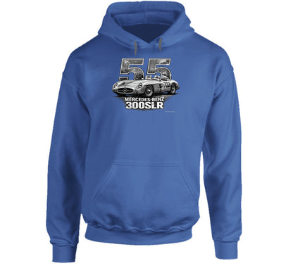 "1955 Mercedes-Benz 300 SLR Mille Miglia vintage racing hoodie in royal blue with distressed graphic"