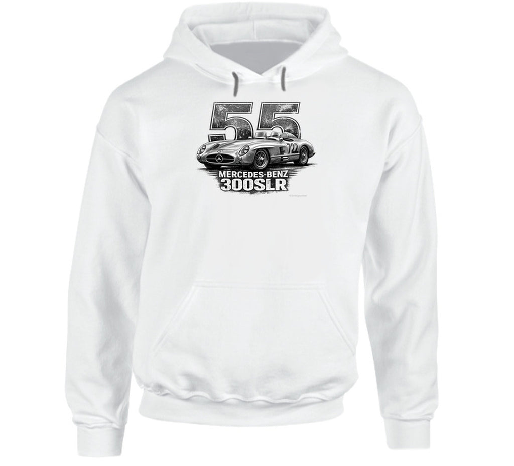 "1955 Mercedes-Benz 300 SLR Mille Miglia vintage racing hoodie in white with distressed graphic"