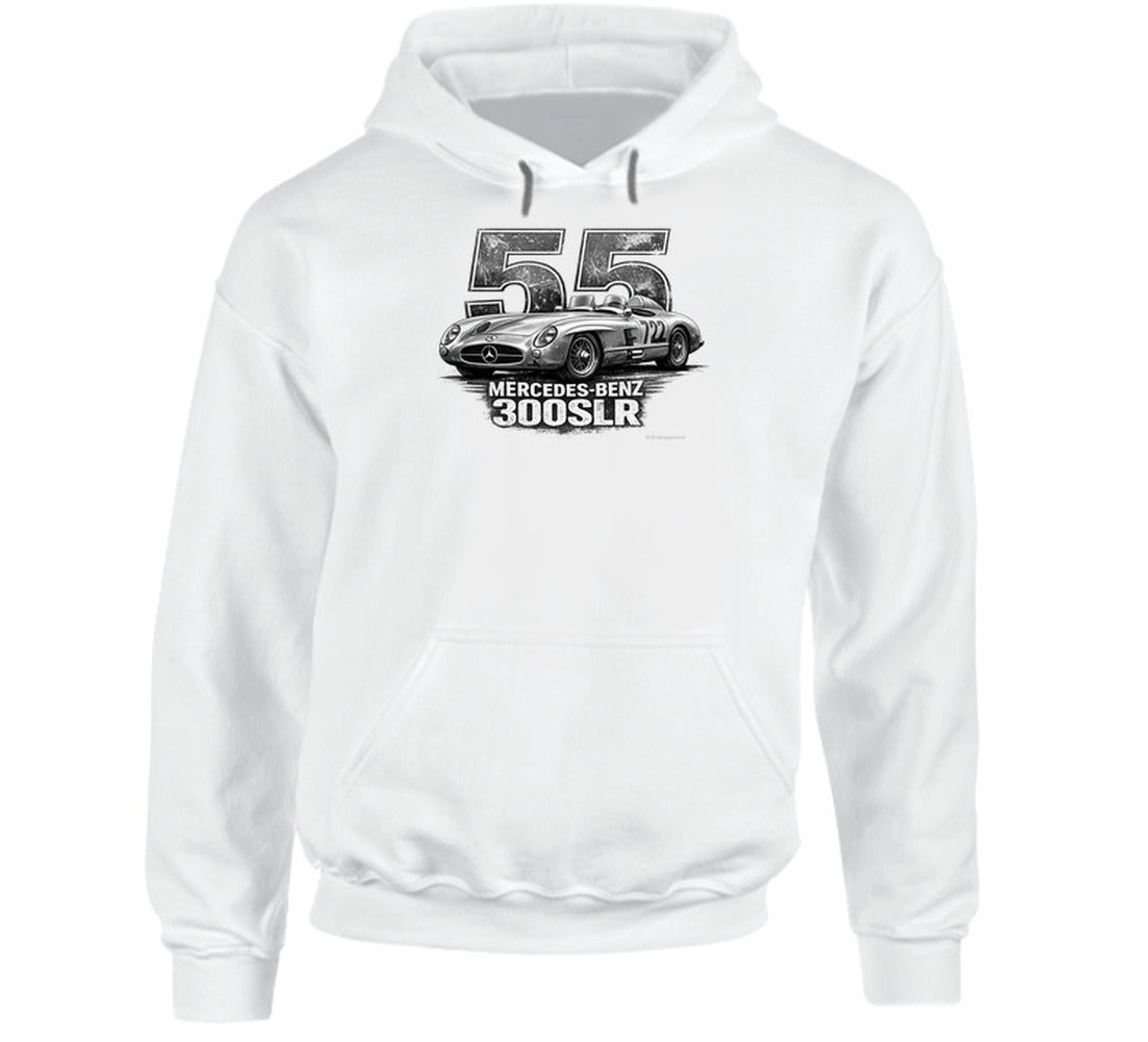 "1955 Mercedes-Benz 300 SLR Mille Miglia vintage racing hoodie in white with distressed graphic"