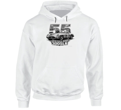 "1955 Mercedes-Benz 300 SLR Mille Miglia vintage racing hoodie in white with distressed graphic"
