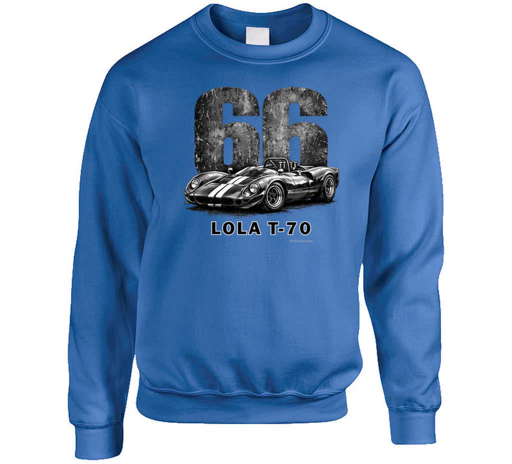 1966 Lola T-70 Can-Am racing Sweatshirt in royal blue with distressed vintage graphic 