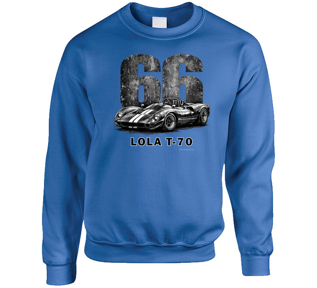 1966 Lola T-70 Can-Am racing Sweatshirt in royal blue with distressed vintage graphic 