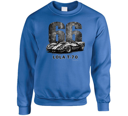 1966 Lola T-70 Can-Am racing Sweatshirt in royal blue with distressed vintage graphic 