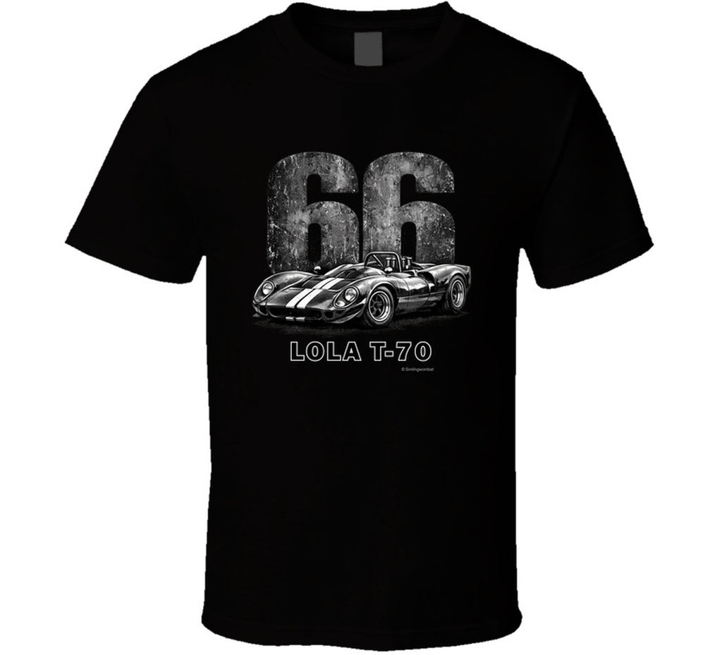 1966 Lola T-70 Can-Am racing t-shirt in black with distressed vintage graphic