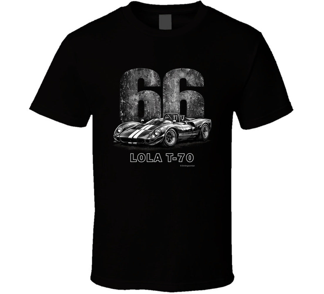 1966 Lola T-70 Can-Am racing t-shirt in black with distressed vintage graphic
