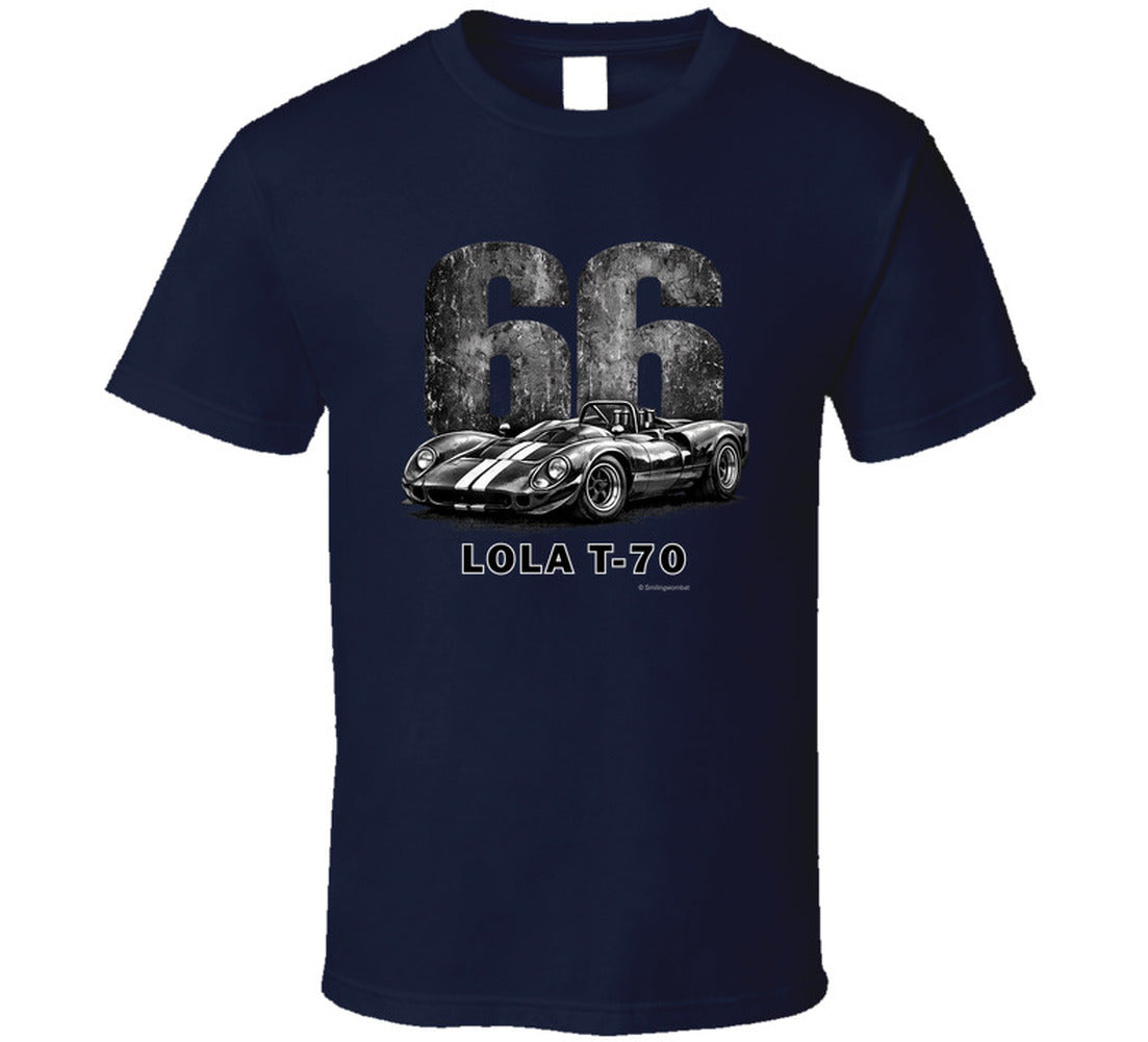 1966 Lola T-70 Can-Am racing t-shirt in navy with distressed vintage graphic