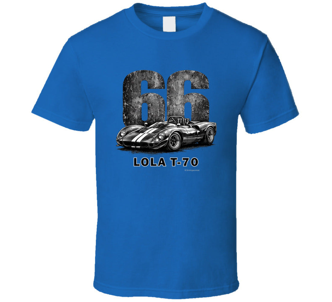  1966 Lola T-70 Can-Am racing t-shirt in royal blue with distressed vintage graphic