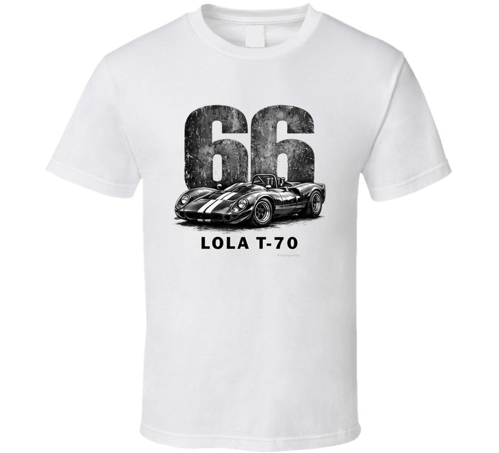 1966 Lola T-70 Can-Am racing t-shirt in white with distressed vintage graphic