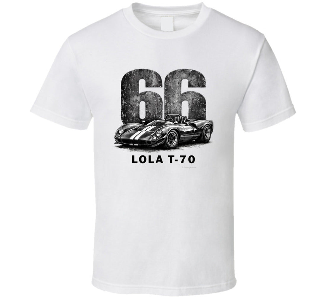 1966 Lola T-70 Can-Am racing t-shirt in white with distressed vintage graphic