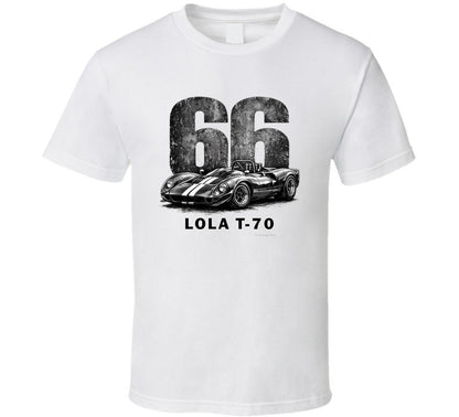 1966 Lola T-70 Can-Am racing t-shirt in white with distressed vintage graphic