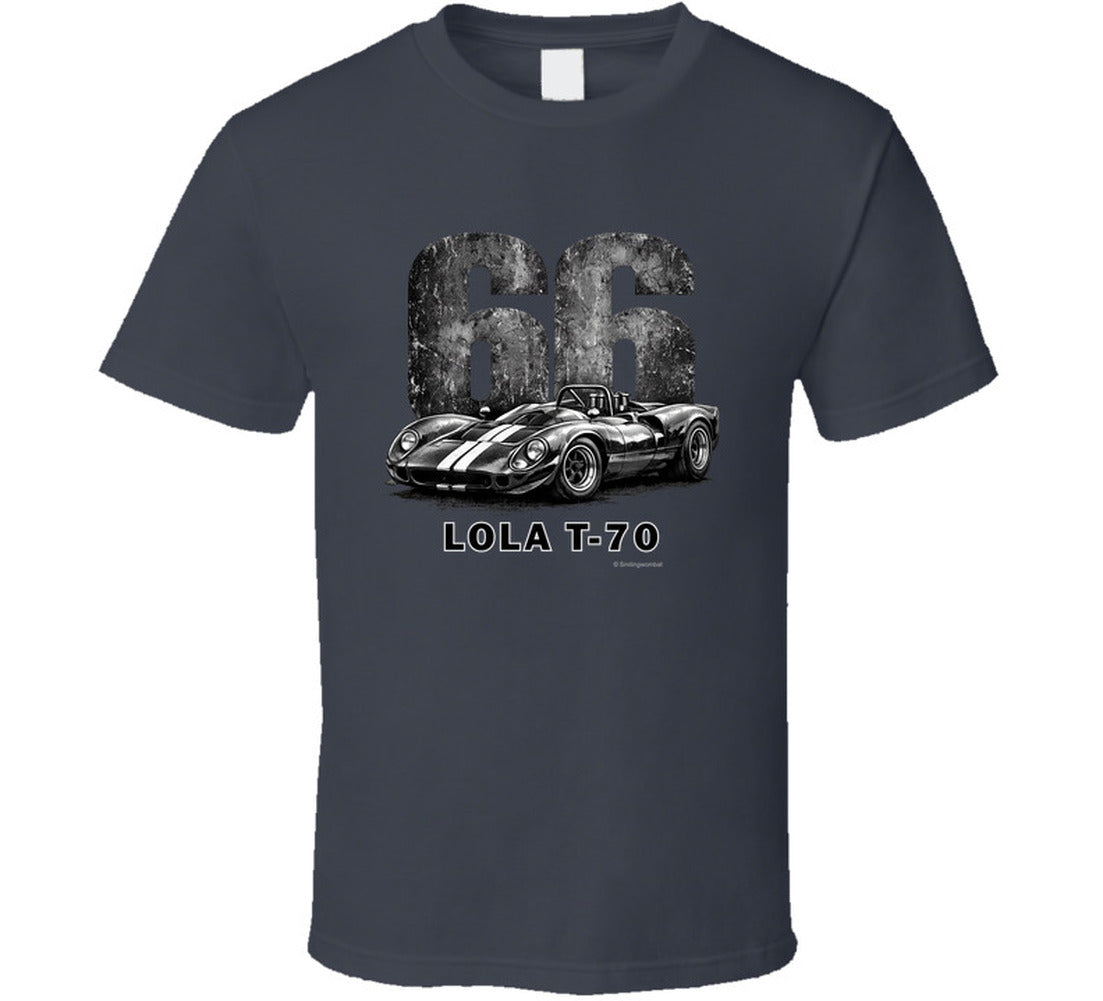  1966 Lola T-70 Can-Am racing t-shirt in charcoal grey with distressed vintage graphic
