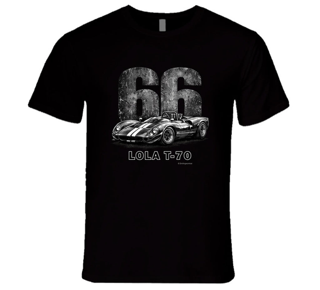 1966 Lola T-70 Can-Am racing t-shirt in black with distressed vintage graphic