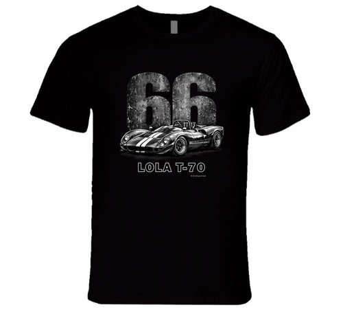 1966 Lola T-70 Can-Am racing t-shirt in black with distressed vintage graphic
