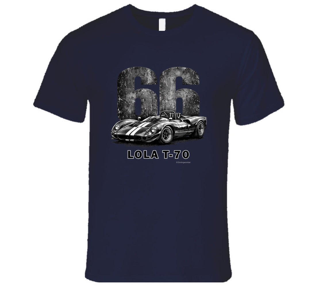 1966 Lola T-70 Can-Am racing t-shirt in navy with distressed vintage graphic