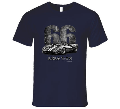 1966 Lola T-70 Can-Am racing t-shirt in navy with distressed vintage graphic