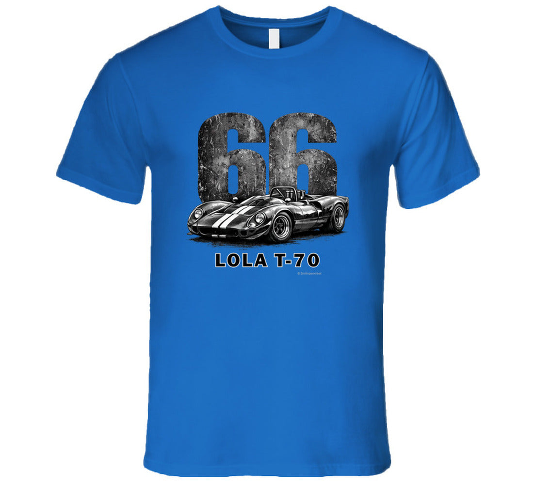  1966 Lola T-70 Can-Am racing t-shirt in royal blue with distressed vintage graphic